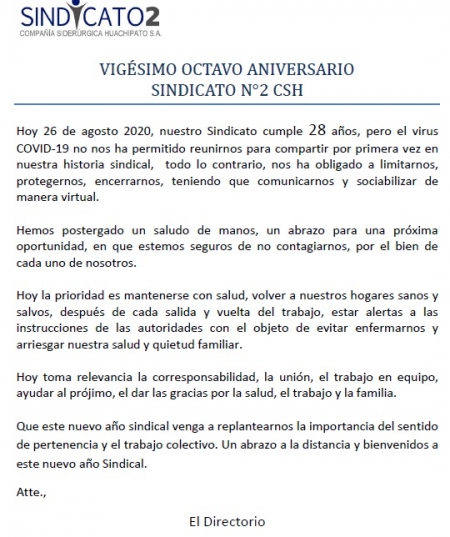 VIGESIMO OCTAVO ANIVERSARIO SINDICATO N° 2 CSH