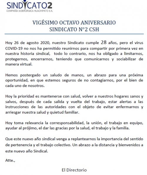VIGESIMO OCTAVO ANIVERSARIO SINDICATO N° 2 CSH